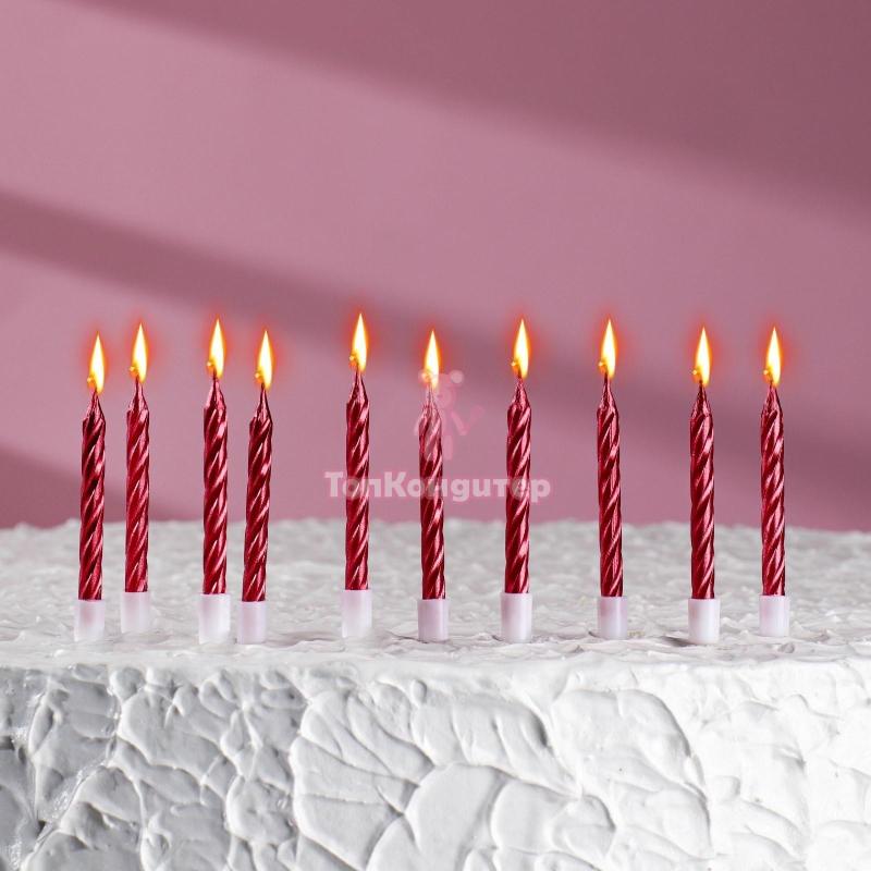 Свечи в торт "Спираль", 10 шт, средние, 7 см, красный металлик