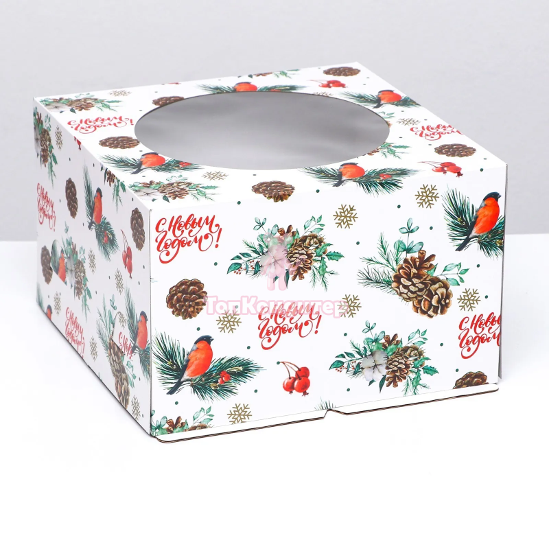 Коробка для торта 30 см*30 см*19 см Снегири Акварель